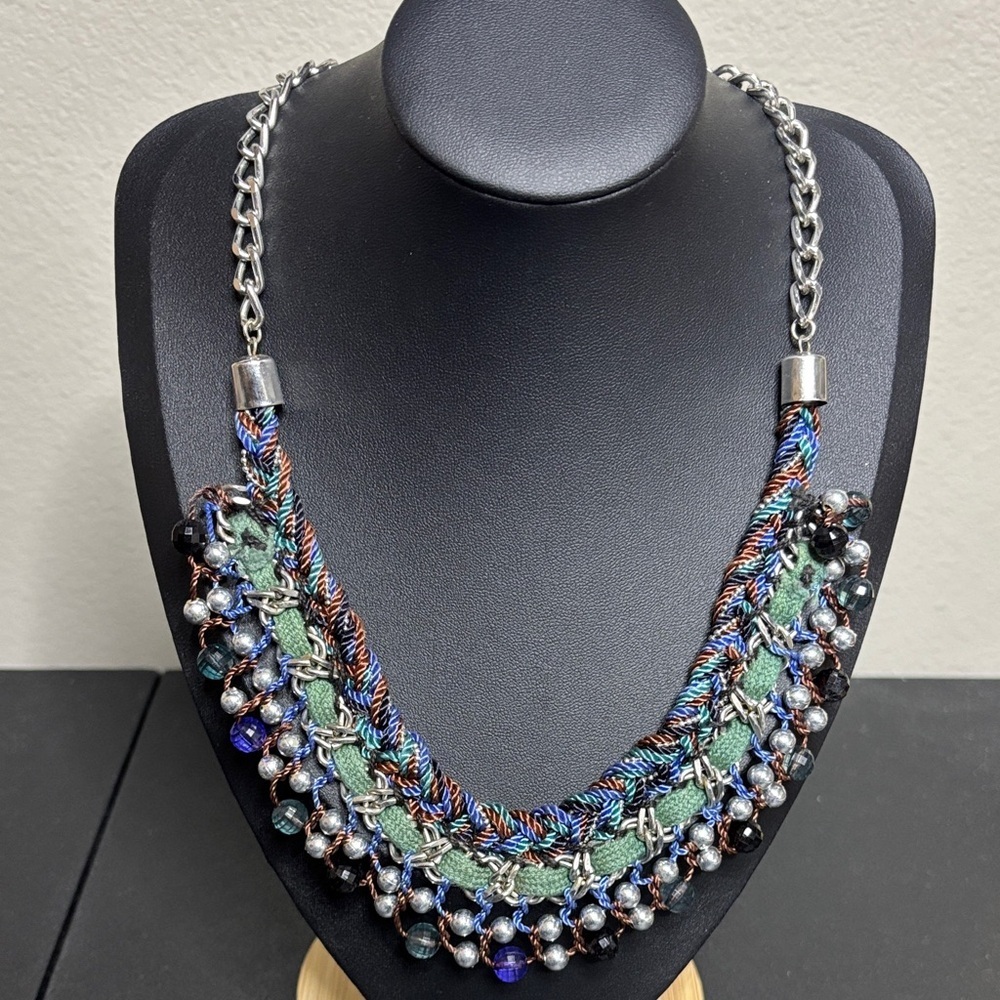 Braided Beaded Boho Collar Statement Silver Tone Necklace